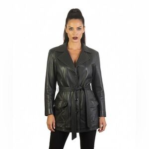 AKOURY CUIRS BLACK LEATHER COAT LAMBSKIN SOFT LEATHER BELTED SINGLE BREAST SMALL
